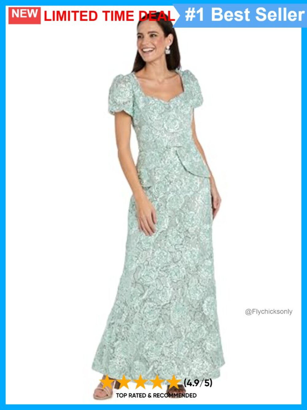 R&M Richards Embellished Soutache Lace Peplum Gown Puff Sleeves